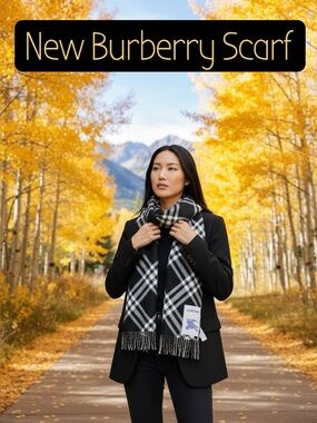 NWT Burberry Black White & Gray 100% Wool Oversized Signature Check Scarf Auth